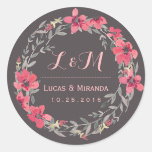 Rond Gris rose floral Wreath Wedding Favor Sticker