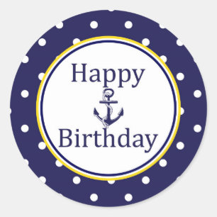 Rond Happy Birthday sticker - Nautical Yellow - Navy