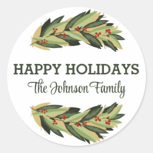 Rond Happy Holidays Botanical Personnalisé Nom Sticker