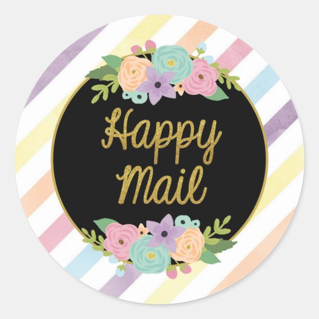 Rond Happy Mail Sticker - pastel rainbow strips or (Devant)