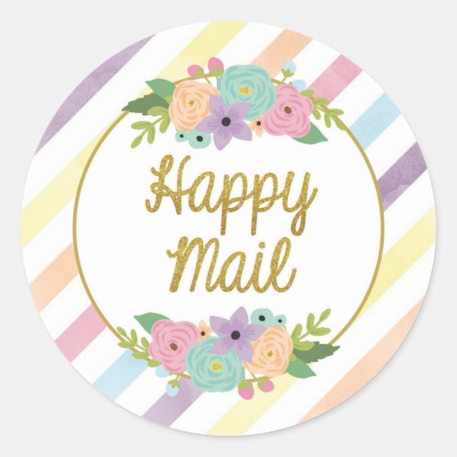Rond Happy Mail Sticker - pastel rainbow strips or (Devant)