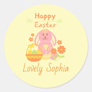 Rond Happy Sticker Classic Round Bunny Pink de Pâques