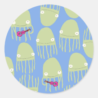 Rond Jellyfish Jouer Ukelele Sticker en bleu