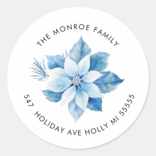Rond Joy Christmas Blue Poinsettia Adresse Sticker