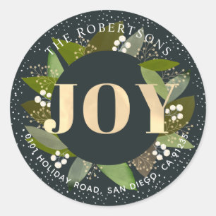 Rond JOY Green Foliages Navy Blue Address Sticker
