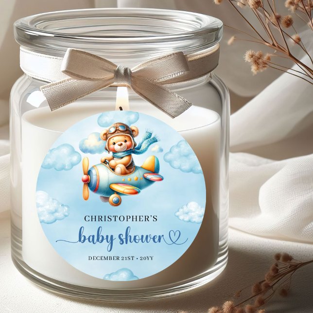 Rond Joyful Boy Shower Pilot Bear Blue Party Sticker (Joyful Boy Shower Pilot Bear Blue Party Sticker)