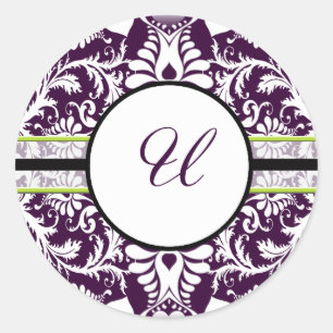 Rond LETTRE Sticker initiale pourpre Damask U Mariage