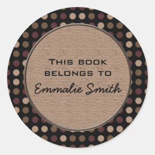 Rond Marsala Brown Noir Polka Dot Nom du livre Sticker