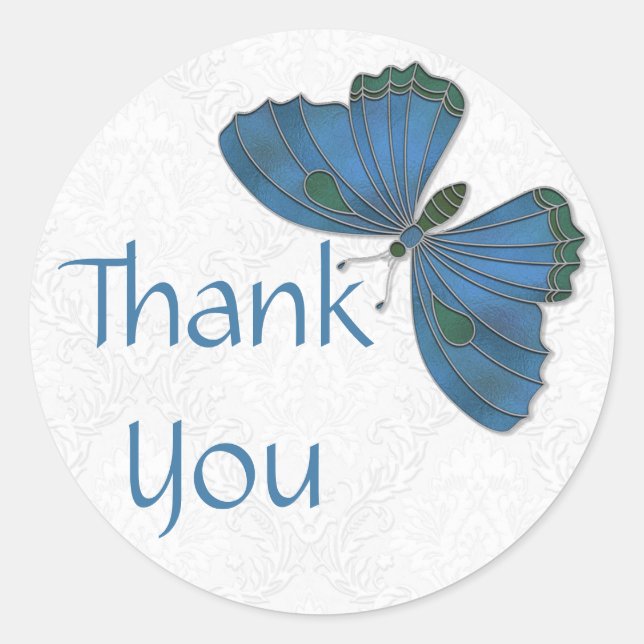 Rond Merci Sticker Papillon Brocade bleu (Devant)