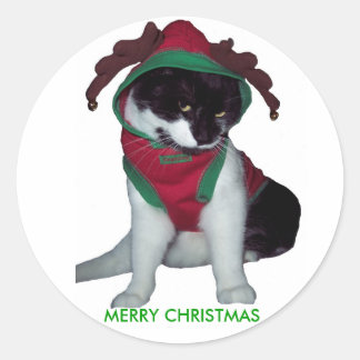 ROND MERRY CHRISTMAS CAT STICKER