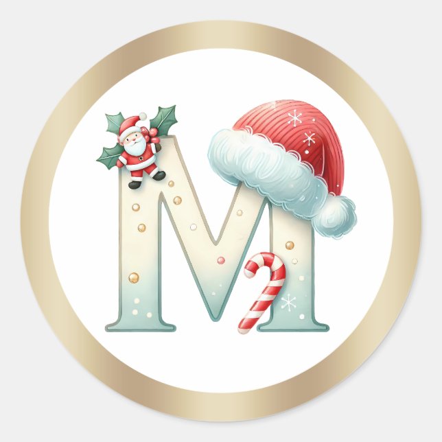 Rond Monogram letter M, Santa hat Christmas Sticker (Devant)