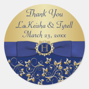 Rond Monogramme bleu, Gold Floral Wedding Favor Sticker