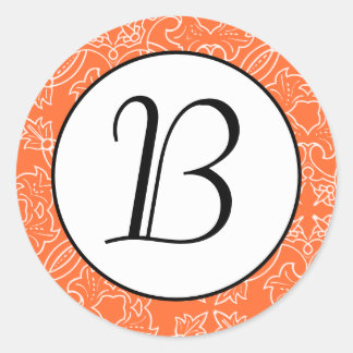 Rond Motif de Damas orange Monogramme Sticker initial
