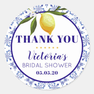 Rond Navy Blue and Lemon bridal shower round sticker
