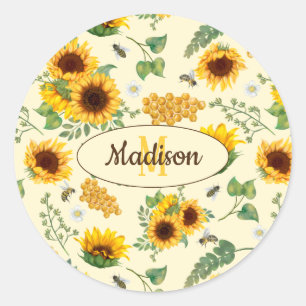 Rond Nom personnalisé Sticker Monogramme Fleurs de sole