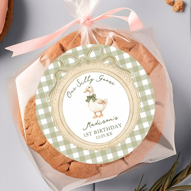 Rond One Silly Goose Bow Gingham 1st Birthday  Sticker (Créateur téléchargé)