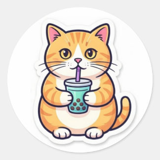Rond Orange Cat Drinking Juice Sticker Funny Cute Cat