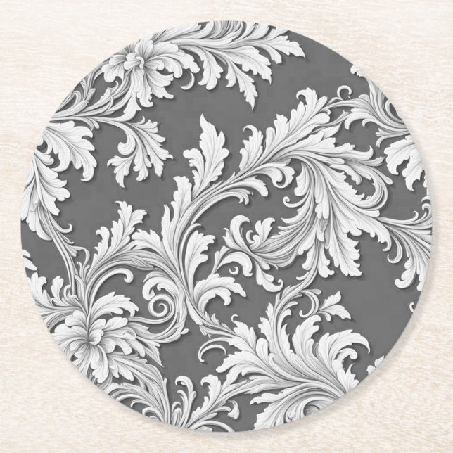 Rond Papier Dessous de verre Damas Design Gris noir et  (Devant)