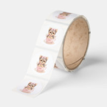 Pastel Pink Teacup Yorkie Sticker Roll  