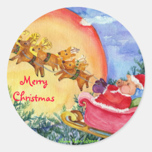 Rond Père Noël Pig livre la joie - Sticker de Noël