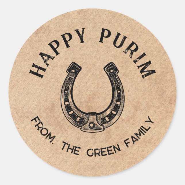 Rond Personalized Happy Purim Round Sticker - Horseshoe (Devant)