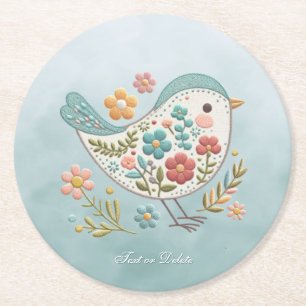 Rond Petit Dessous de verre en papier bleu rose Oiseau