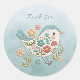 Rond Petit Oiseau Bleu Fleurs Roses Sticker