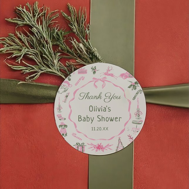 Rond Pink Bow Christmas Baby Shower Sticker (Créateur téléchargé)