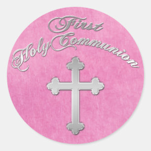 Rond Pink, Faux Silver Cross 1er Sticker Communion