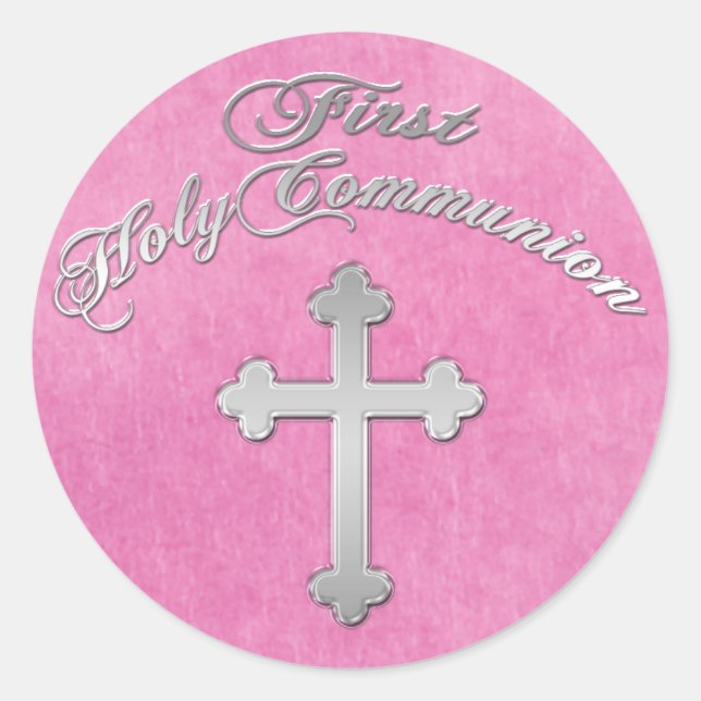 Rond Pink, Faux Silver Cross 1er Sticker Communion (Devant)