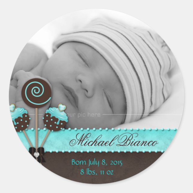 Rond Pops de gâteau Baby Boy Sticker Blue Brown Candy (Devant)