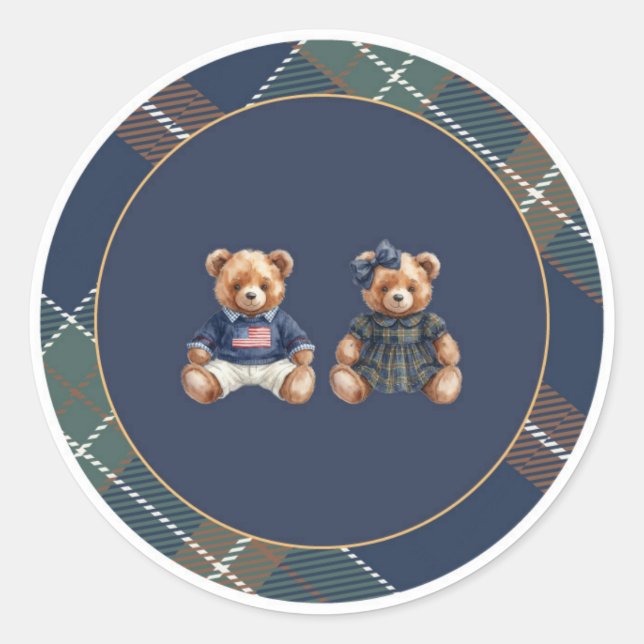 Rond Preppy Teddy Bear Sticker Navy Plaid  (Devant)