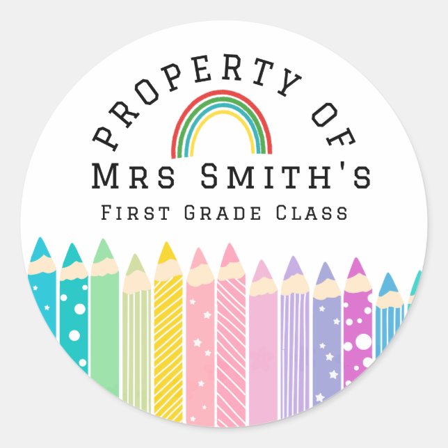 Rond Rainbow pencil Property Of Classroom Sticker Rain (Devant)