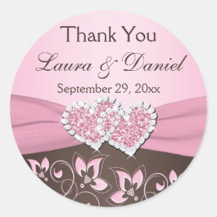 Rond Rose, Brown Floral, Coeurs Mariage Favor Sticker