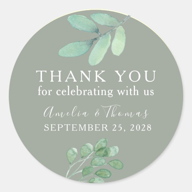 Rond Sage Green Mariage Botanique Sticker Merci (Devant)
