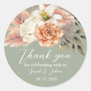 Rond Sage Green Peach Floral Mariage Sticker Merci