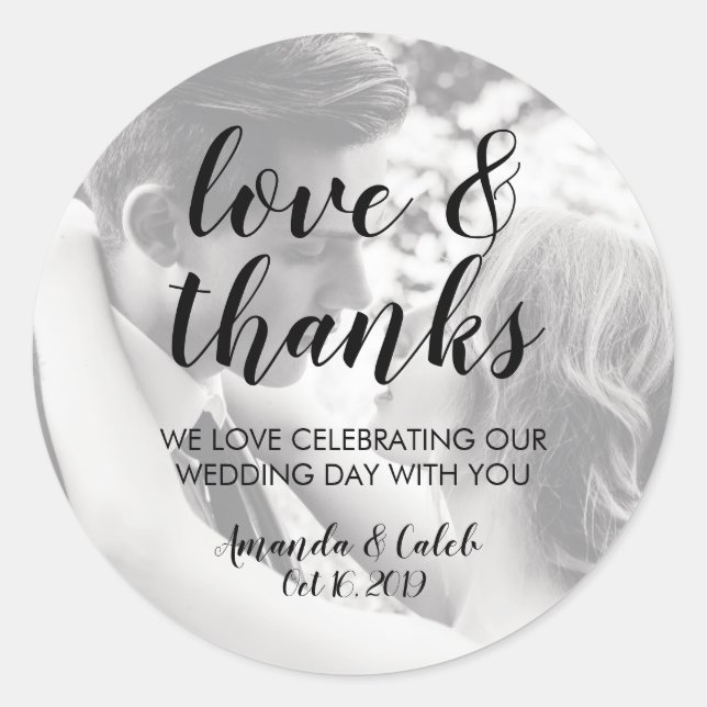 Rond Script Love & Thanks Photo Wedding Favor Sticker (Devant)