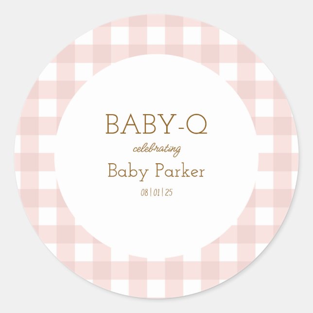 Rond Simple Pink Gingham Baby Shower Sticker (Devant)