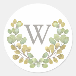 Rond Simplicité Feuille verte Sticker Monogramme Wreath