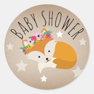Rond Sleepy Fox Stars Girl Baby shower Sticker
