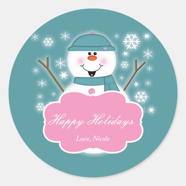 Rond Snowman rose et Turquoise Sticker de Noël (Devant)