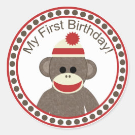 Rond Sock Monkey First Birthday sticker