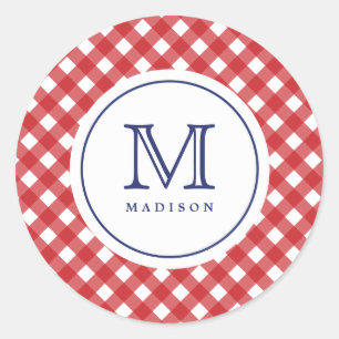 Rond Sticker 4 juillet Red Checks Blue Monogram Party