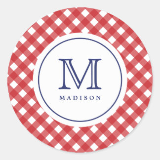 Rond Sticker 4 juillet Red Checks Blue Monogram Party