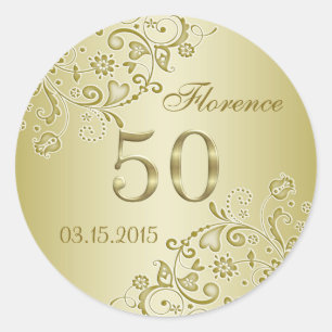 Rond Sticker 50th Birthday tourbillons floraux dorés