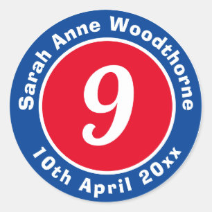 Rond Sticker 9e anniversaire avec nom et date