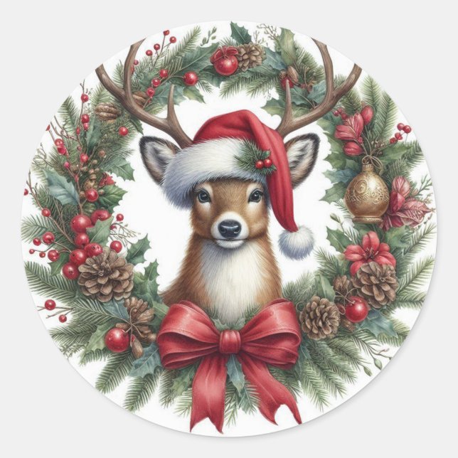 Rond Sticker à couronne de cerfs de Noël (Devant)
