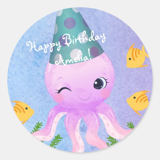 Rond Sticker à pieuvre convivial - Sous l'anniversaire  (Devant)