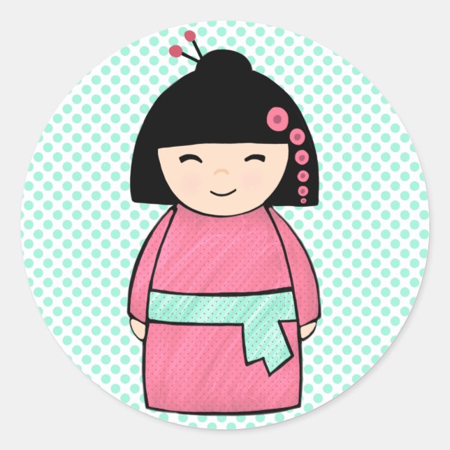 Rond Sticker à poupée Kokeshi, brillant, 3 pouces (feui (Devant)