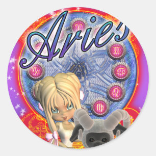 Rond Sticker Aries Avec Femme Mignonne Et Bélier
